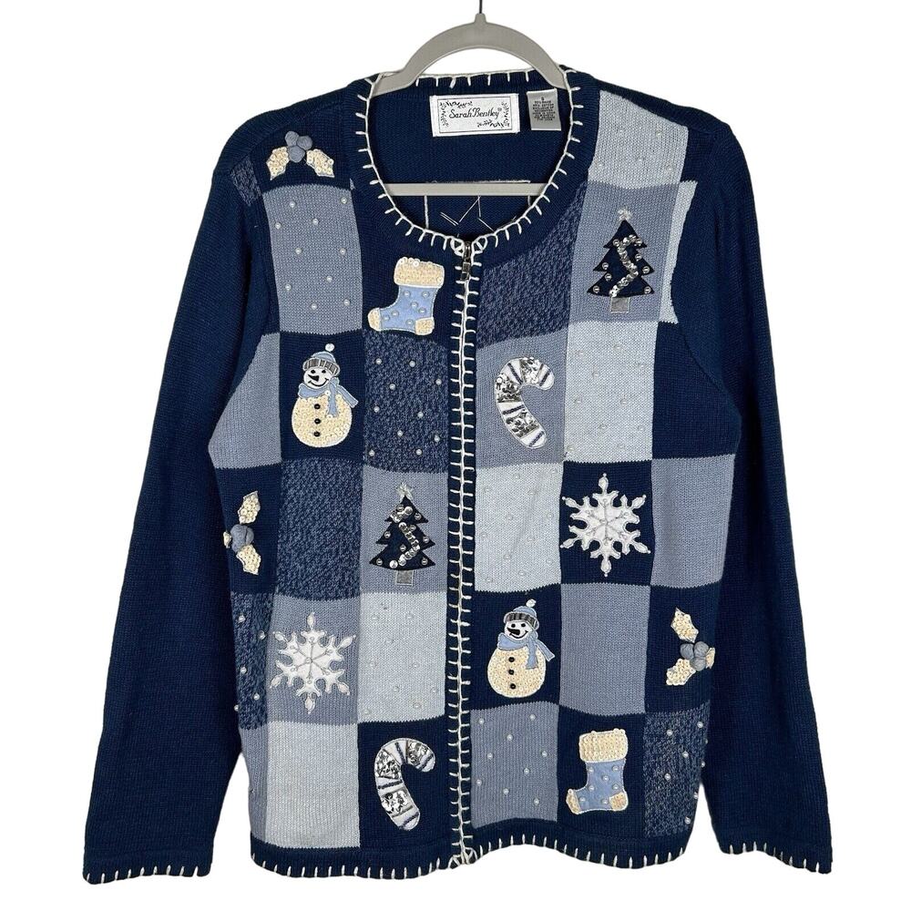 VTG Sarah Bentley Women’s Sz S Winter Zip-up Cardigan Grandmacore Sequins Beads